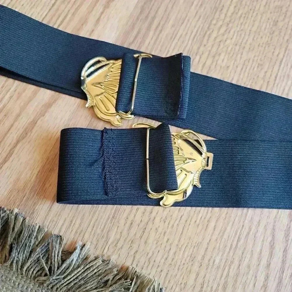 VTG 1980s Butterfly Enameled Buckle Stretch Belt  Black Size XL  41in End To End - Picture 4 of 9